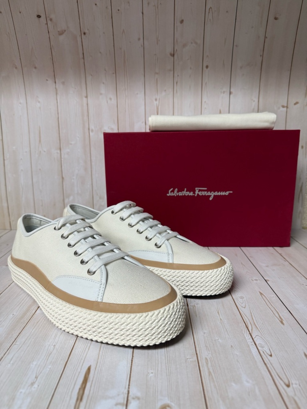 Salvatore Ferragamo Storm Low-Top Canvas Sneakers White Sz 10.5